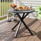 Black Metal Round Patio Bistro Table with Wood Grain Top Outdoor Dining Table for Garden Deck Balcony